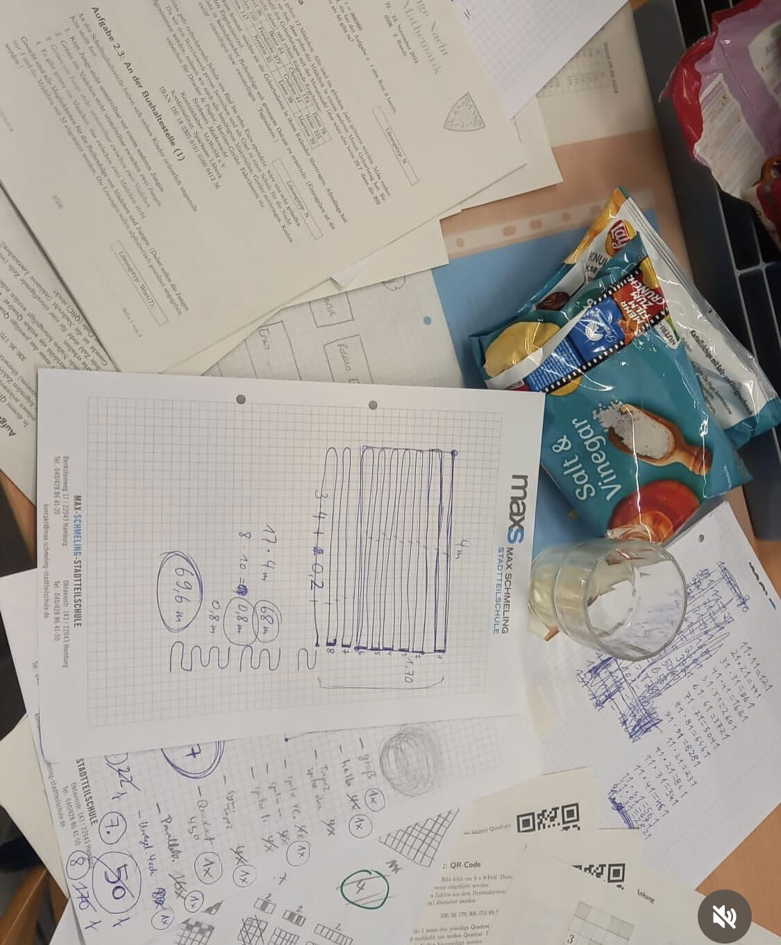 Ein Tisch mit beschrifteten Blättern, einem Glas, Snacks und mathematischen Skizzen, darunter Papier mit dem Logo der Max-Schmeling-Stadtteilschule