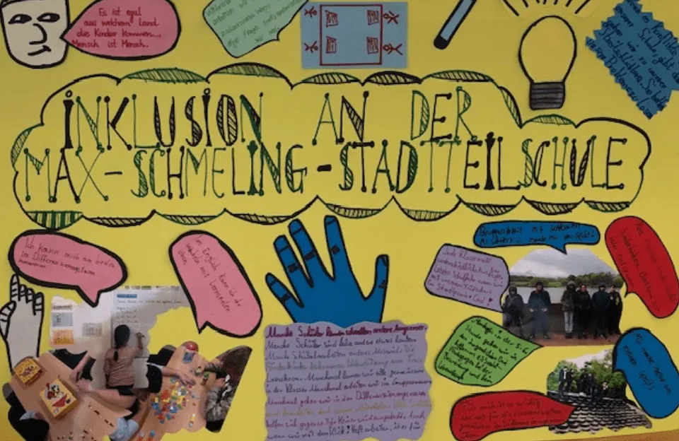 Ein farbenfrohes Plakat mit dem Titel „Inklusion an der Max-Schmeling-Stadtteilschule“ zeigt Zeichnungen, Fotos und beschriftete Sprechblasen. Es thematisiert Inklusion mit kreativen Elementen wie einer blauen Hand, Symbolen und Notizen.
