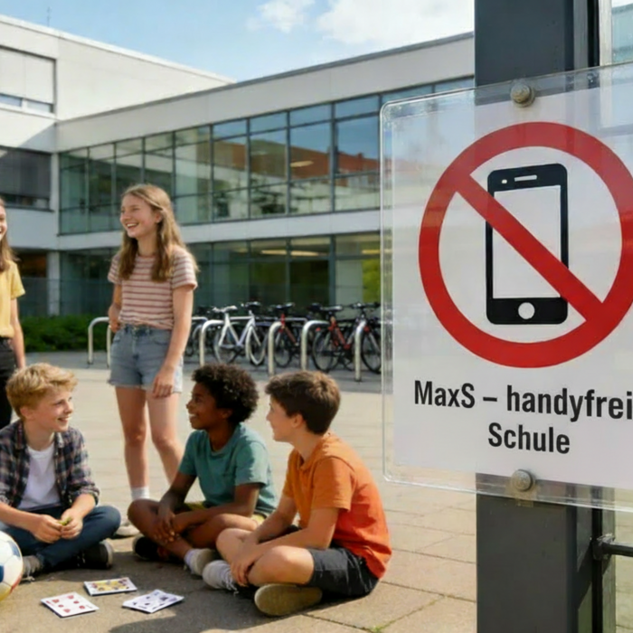 Schülergruppe vor dem Schulgebäude neben einem Schild mit der Aufschrift MaxS, handyfreie Schule